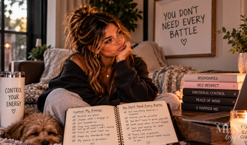 Woman relaxing with her dog while reflecting on boundaries and protecting her peace, representing the choice to conserve emotional energy by recognizing that not every disagreement deserves a response or a battle.