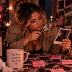 Woman dressed as a detective examining relationship clues with a magnifying glass, representing the exhausting search for proof when the patterns, red flags, and answers are already right in front of you.