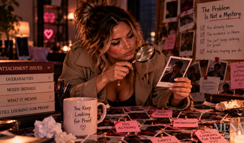 Woman dressed as a detective examining relationship clues with a magnifying glass, representing the exhausting search for proof when the patterns, red flags, and answers are already right in front of you.