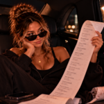 Woman lounging in the back of a luxury car while reading an absurdly long list of bad decisions, representing the almost impressive level of audacity behind someone’s repeated terrible choices.