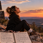Woman screaming into the open air from a remote mountain overlook at sunset, representing the release that comes from finally saying the quiet part out loud and letting go of everything left unsaid.