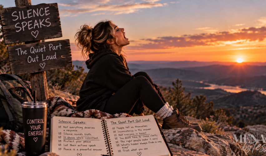 Woman screaming into the open air from a remote mountain overlook at sunset, representing the release that comes from finally saying the quiet part out loud and letting go of everything left unsaid.