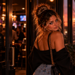 Woman walking away from a familiar bar and glancing back one last time, representing the emotional detachment that comes from recognizing when you’ve outgrown old places, patterns, and versions of yourself.