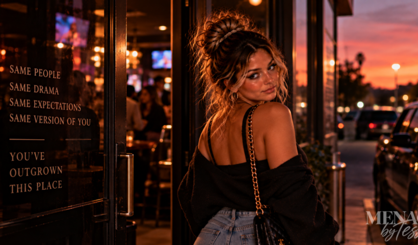 Woman walking away from a familiar bar and glancing back one last time, representing the emotional detachment that comes from recognizing when you’ve outgrown old places, patterns, and versions of yourself.