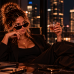 Woman in black attire and sunglasses relaxing at a desk with a laptop and drink, with city lights in the background.