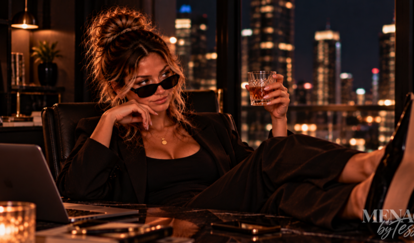 Woman in black attire and sunglasses relaxing at a desk with a laptop and drink, with city lights in the background.