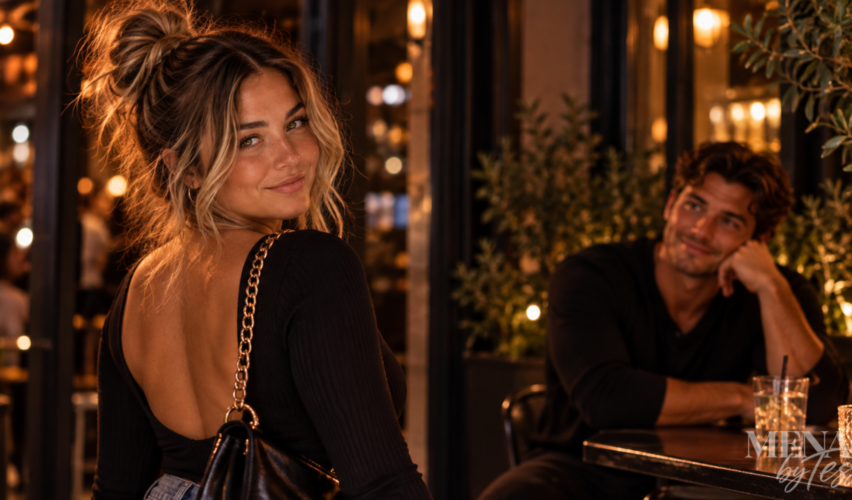 Confident woman walking away from a man who watches her from across a candlelit lounge, representing how pulling back can reveal someone’s interest when you stop chasing their attention.