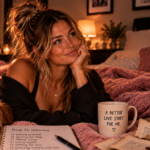 Woman relaxing with her dog beside a torn fairytale book, representing the process of unlearning unhealthy ideas about love and realizing the story she once believed was missing some important pages.