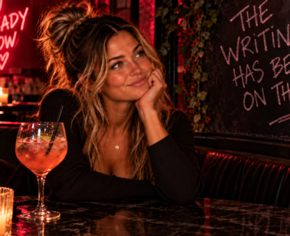 Woman sitting confidently in a dimly lit lounge beneath signs reading “You Already Know” and “The Writing Has Been on the Wall,” representing the moment you stop questioning what the signs have already made clear.