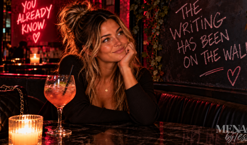 Woman sitting confidently in a dimly lit lounge beneath signs reading “You Already Know” and “The Writing Has Been on the Wall,” representing the moment you stop questioning what the signs have already made clear.