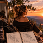 Woman overlooking a mountain landscape at sunset while confronting a reflection of her former self, representing the realization that the old story of settling, shrinking, and accepting less no longer fits the woman she is becoming.