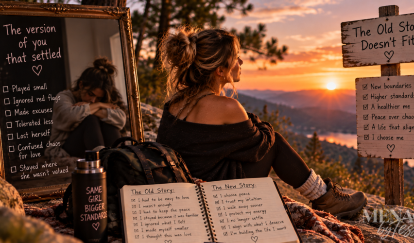Woman overlooking a mountain landscape at sunset while confronting a reflection of her former self, representing the realization that the old story of settling, shrinking, and accepting less no longer fits the woman she is becoming.
