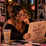 Woman reviewing an “Audacity Files” case folder surrounded by suspicious evidence and questionable excuses, representing the moment you realize their explanation may have been creative, but it still doesn’t make it believable.