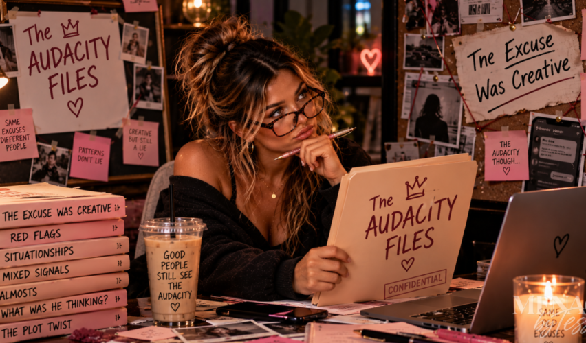 Woman reviewing an “Audacity Files” case folder surrounded by suspicious evidence and questionable excuses, representing the moment you realize their explanation may have been creative, but it still doesn’t make it believable.