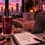 Menace by Tessa-inspired wine-and-blush workspace with a laptop, journal, roses, and branded tumbler overlooking a sunset skyline, surrounded by reminders of raw truths, higher standards, personal growth, and becoming a bigger version of yourself.