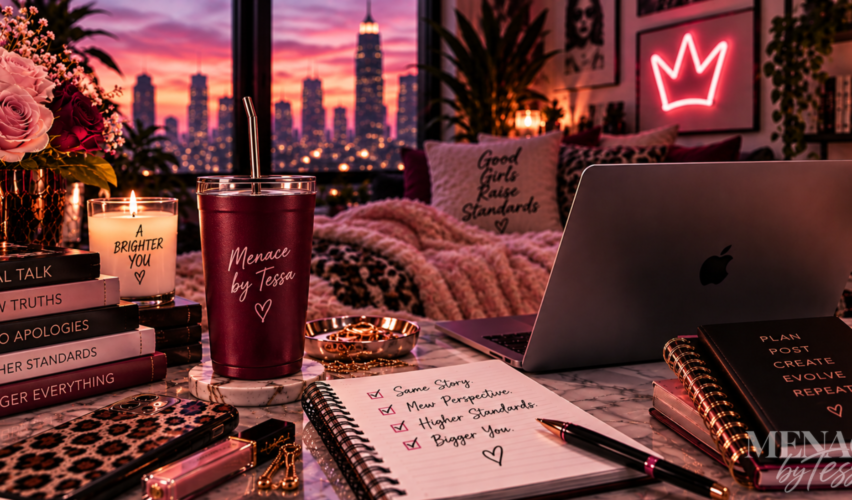 Menace by Tessa-inspired wine-and-blush workspace with a laptop, journal, roses, and branded tumbler overlooking a sunset skyline, surrounded by reminders of raw truths, higher standards, personal growth, and becoming a bigger version of yourself.