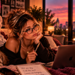 Woman relaxing with her dog while looking thoughtfully toward her laptop, surrounded by notes and cozy décor, representing the realization that inconsistent behavior and mixed signals are already giving you the answer.