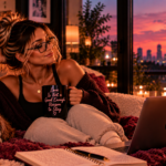 Woman relaxing with her dog in a cozy apartment at sunset, smiling peacefully with a warm drink, representing the self-respect it takes to recognize that loving someone is not always a good enough reason to stay.