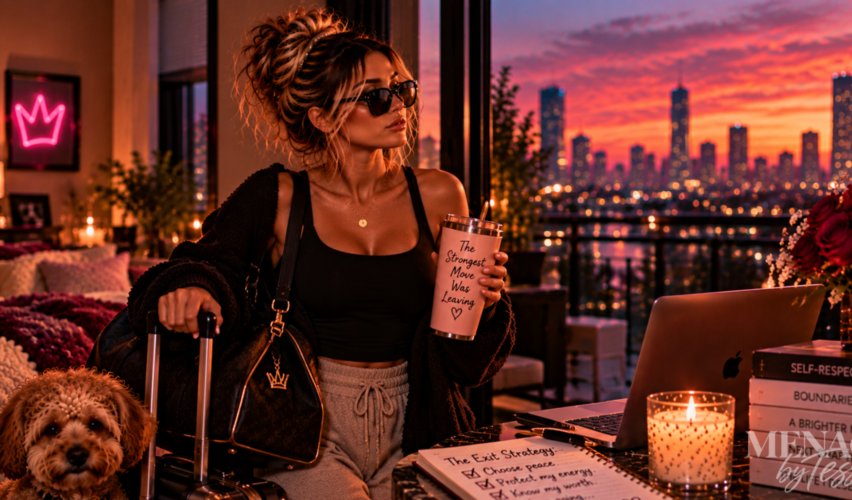 Woman standing beside packed luggage with her dog at sunset, ready to walk away, representing the strength, self-respect, and clarity that come from choosing yourself and leaving what no longer serves you.