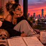 Woman sitting thoughtfully beside a window with her dog, journal, and warm evening lights, representing the process of unlearning anxious relationship patterns and realizing that healthy love should feel safe, steady, and peaceful.