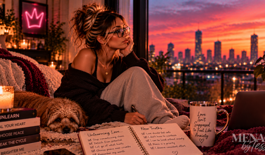 Woman sitting thoughtfully beside a window with her dog, journal, and warm evening lights, representing the process of unlearning anxious relationship patterns and realizing that healthy love should feel safe, steady, and peaceful.