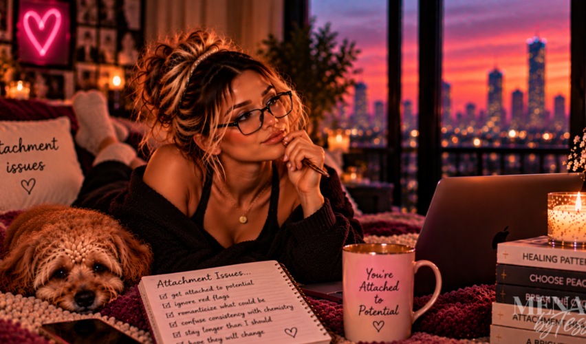 Woman relaxing with her dog in a cozy bedroom, looking thoughtfully into the distance, representing the realization that attachment can sometimes be to someone’s potential rather than the reality of who they are.