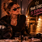 Woman dressed for a playful bank heist beside an open vault filled with cash and gold bars labeled with things worth protecting, representing the idea that your energy is valuable and should be spent intentionally.