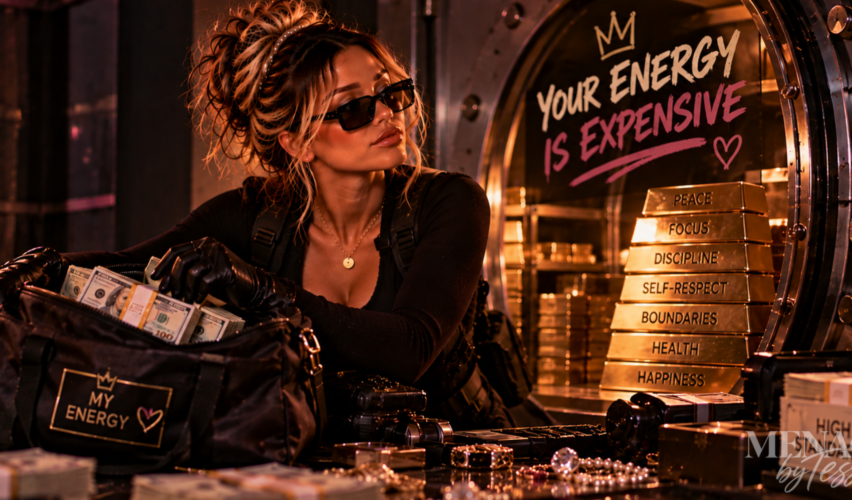Woman dressed for a playful bank heist beside an open vault filled with cash and gold bars labeled with things worth protecting, representing the idea that your energy is valuable and should be spent intentionally.