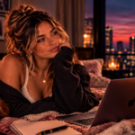 Woman sitting quietly on a cozy bed beside her sleeping dog, gazing into the distance in a candlelit room, representing the realization that sometimes silence provides all the answers you need.