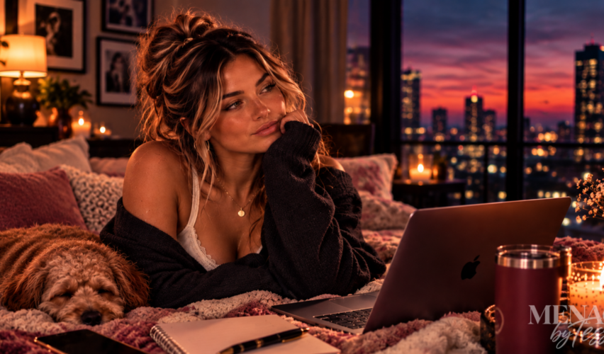 Woman sitting quietly on a cozy bed beside her sleeping dog, gazing into the distance in a candlelit room, representing the realization that sometimes silence provides all the answers you need.