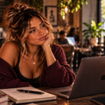 Woman sitting at a café with an unimpressed expression, laptop and iced coffee in front of her, capturing the disbelief and attitude behind “The Audacity Was Free.”