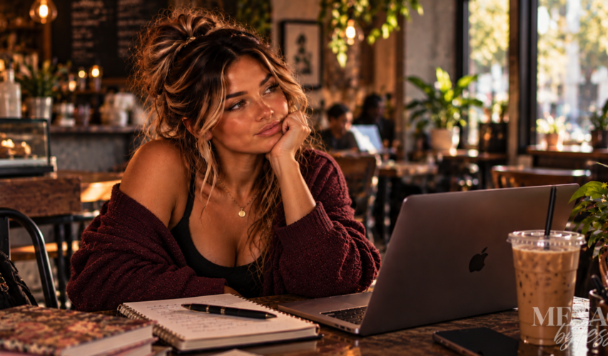 Woman sitting at a café with an unimpressed expression, laptop and iced coffee in front of her, capturing the disbelief and attitude behind “The Audacity Was Free.”