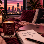 Cozy wine-and-blush setting with coffee, a journal, laptop, roses, and motivational details, reflecting personal growth, stronger boundaries, better choices, and becoming the version of yourself who knows better.