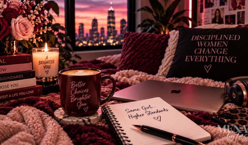 Cozy wine-and-blush setting with coffee, a journal, laptop, roses, and motivational details, reflecting personal growth, stronger boundaries, better choices, and becoming the version of yourself who knows better.
