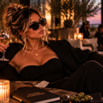 Confident woman in an elegant black outfit and sunglasses relaxing at an upscale rooftop lounge, embodying the hard truth that genuine interest shows through consistent effort without needing to be begged for.