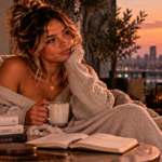 Woman relaxing peacefully in a cozy reading chair at sunset, surrounded by books and a journal, representing the quiet healing and emotional freedom that come from finally letting go.