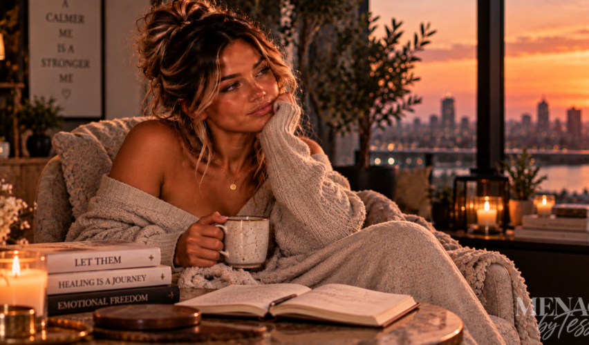 Woman relaxing peacefully in a cozy reading chair at sunset, surrounded by books and a journal, representing the quiet healing and emotional freedom that come from finally letting go.
