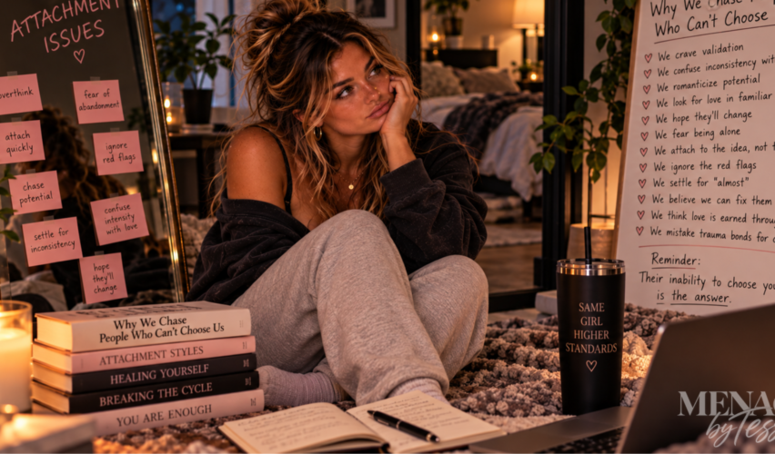 Woman reflecting on patterns of attachment and inconsistency, surrounded by reminders about red flags and emotional habits, representing the process of understanding why we chase people who are unable or unwilling to choose us.