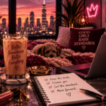 Wine-and-blush workspace with iced coffee, a journal, laptop, and sleeping dog overlooking a sunset skyline, reflecting the clarity of knowing the truth, choosing yourself, setting higher standards, and moving forward instead of staying confused.