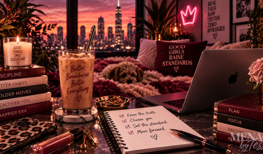 Wine-and-blush workspace with iced coffee, a journal, laptop, and sleeping dog overlooking a sunset skyline, reflecting the clarity of knowing the truth, choosing yourself, setting higher standards, and moving forward instead of staying confused.