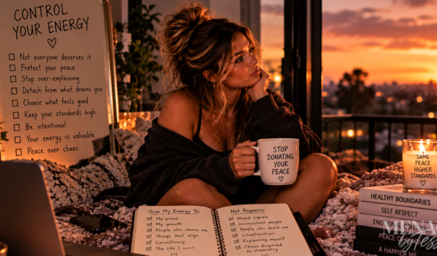 Woman reflecting at sunset with reminders about boundaries, self-respect, and emotional control, representing the importance of protecting your energy and refusing to give away your peace to people or situations that drain you.