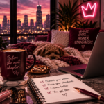Moody wine-and-blush workspace with a sleeping dog, coffee, laptop, journal, and city skyline, surrounded by reminders to protect your peace, raise your standards, build better habits, and confidently step into your next chapter.