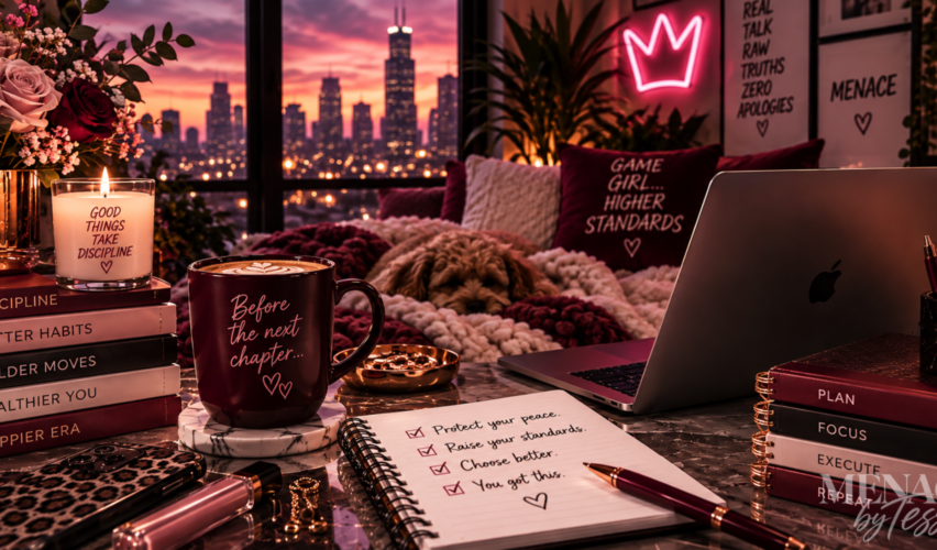 Moody wine-and-blush workspace with a sleeping dog, coffee, laptop, journal, and city skyline, surrounded by reminders to protect your peace, raise your standards, build better habits, and confidently step into your next chapter.