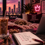 Wine-and-blush workspace overlooking a sunset skyline with a sleeping dog, iced coffee, laptop, and journal, surrounded by reminders to choose peace, maintain higher standards, practice discipline, and intentionally create a bigger life.
