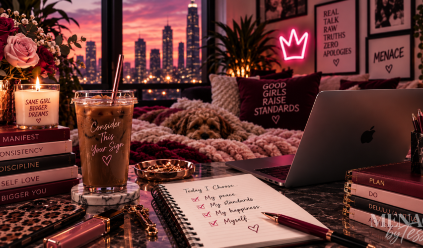 Wine-and-blush workspace overlooking a sunset skyline with a sleeping dog, iced coffee, laptop, and journal, surrounded by reminders to choose peace, maintain higher standards, practice discipline, and intentionally create a bigger life.