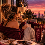 Woman relaxing on a balcony with her dog at sunset, surrounded by warm wine and blush accents, representing the realization that becoming her is about growth, standards, peace, and self-respect—not simply looking better.