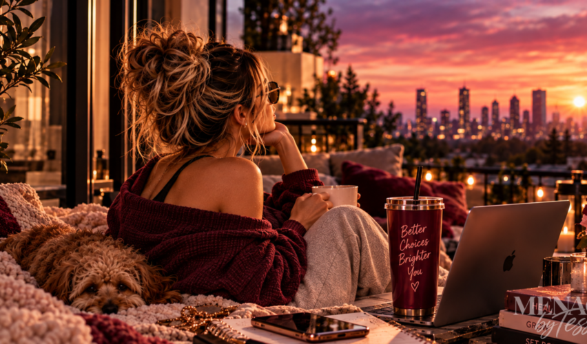Woman relaxing on a balcony with her dog at sunset, surrounded by warm wine and blush accents, representing the realization that becoming her is about growth, standards, peace, and self-respect—not simply looking better.