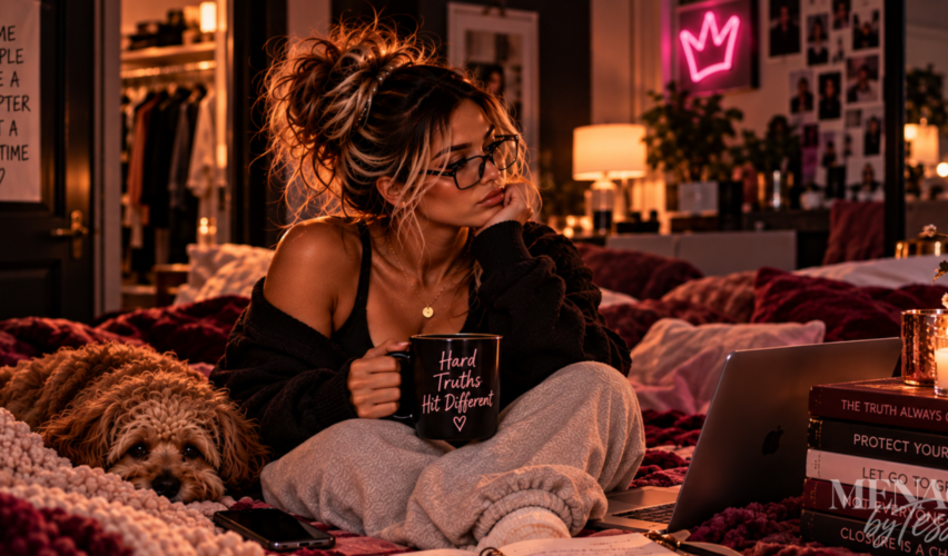Woman sitting quietly with her dog in a warm, moody bedroom, reflecting on the hard truth that sometimes someone leaving is the closure you were waiting for.