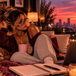 Woman sitting comfortably with her dog in a cozy apartment at sunset, gazing into the distance with a reflective expression, representing the realization that missing someone doesn’t mean they still belong in your life.