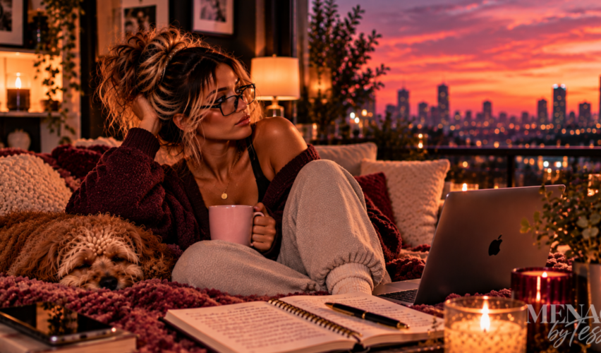 Woman sitting comfortably with her dog in a cozy apartment at sunset, gazing into the distance with a reflective expression, representing the realization that missing someone doesn’t mean they still belong in your life.